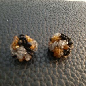 Vintage signed Hobe clip earrings beaded black gold grey 1"